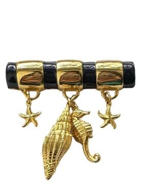 Navy Enamel Goldtone Seahorse and Starfish Dangle Charm Bar Pin Brooch